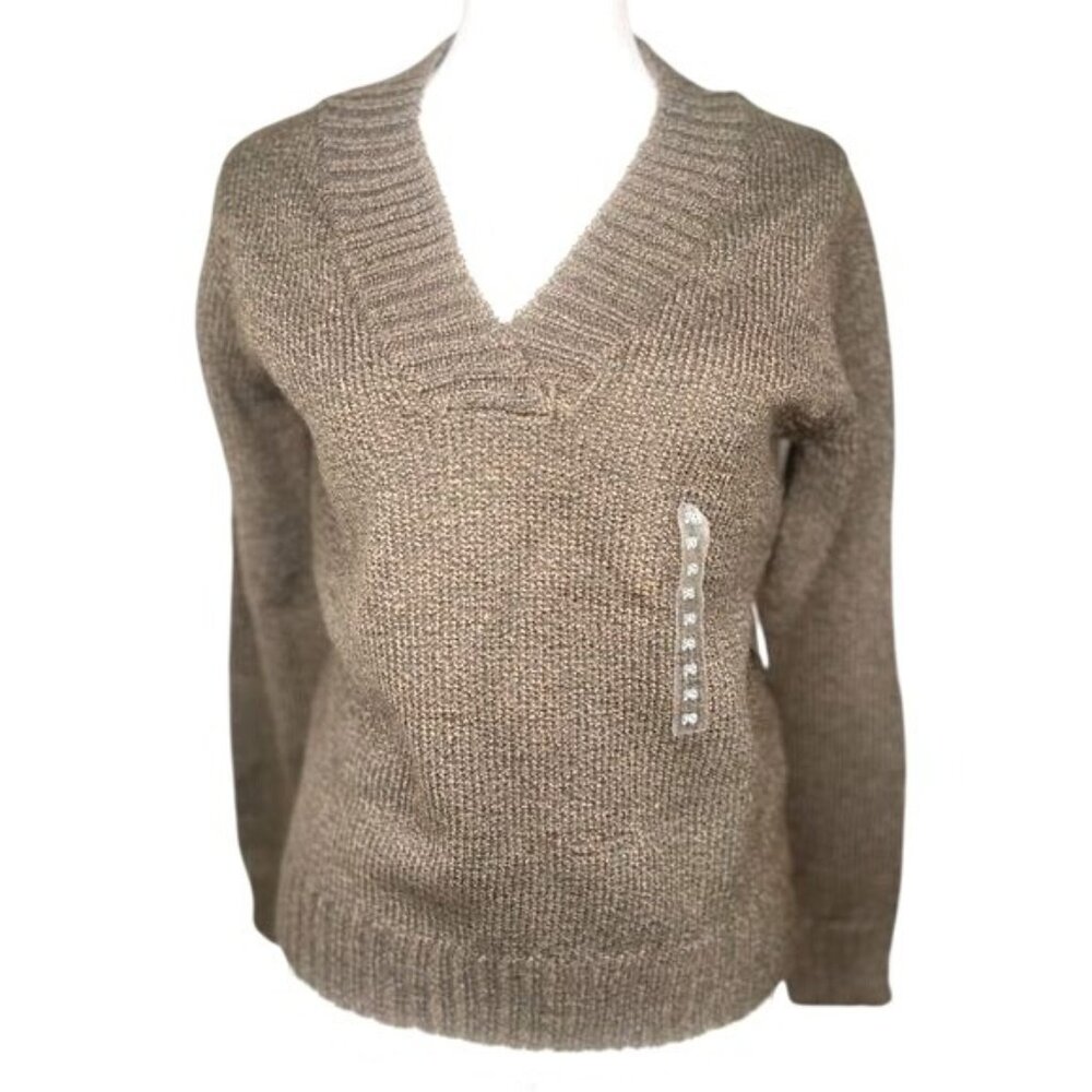 St. Johns Bay Womens V-Neck Sweater Acrylic/Polyester Brown Petite Small